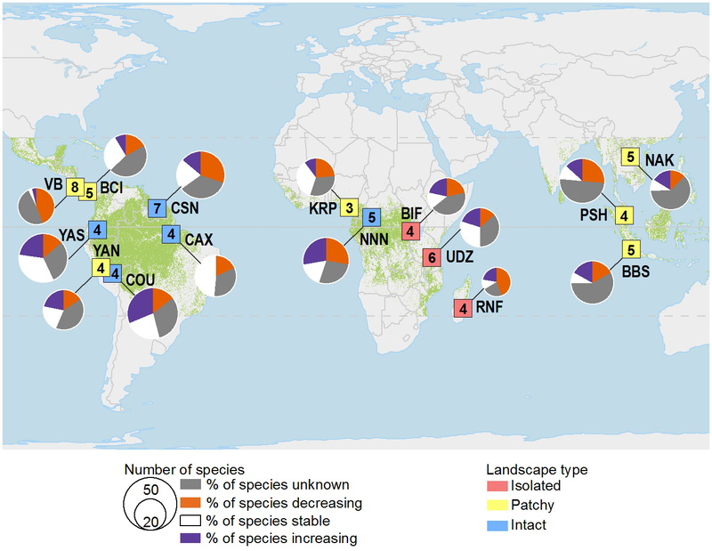 Trends in occupancy for mammal and bird species in 15 tropical protected areas assessed with standardized surveys using camera traps.